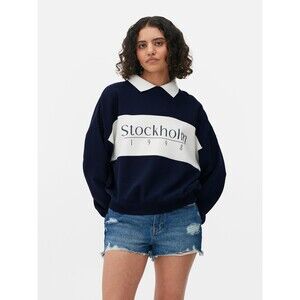 Primark Stockholm 1998 Sweatshirt Womens Size Small Blue White Pullover Collared